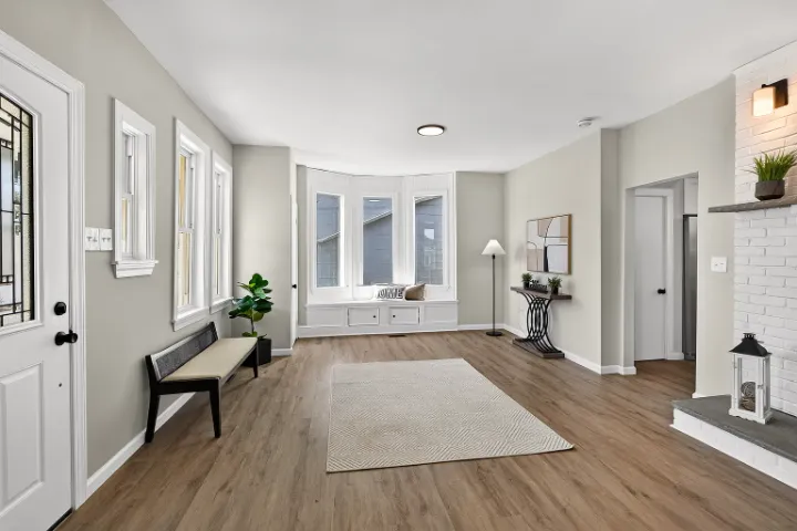 Entry and great room with a bay window seat