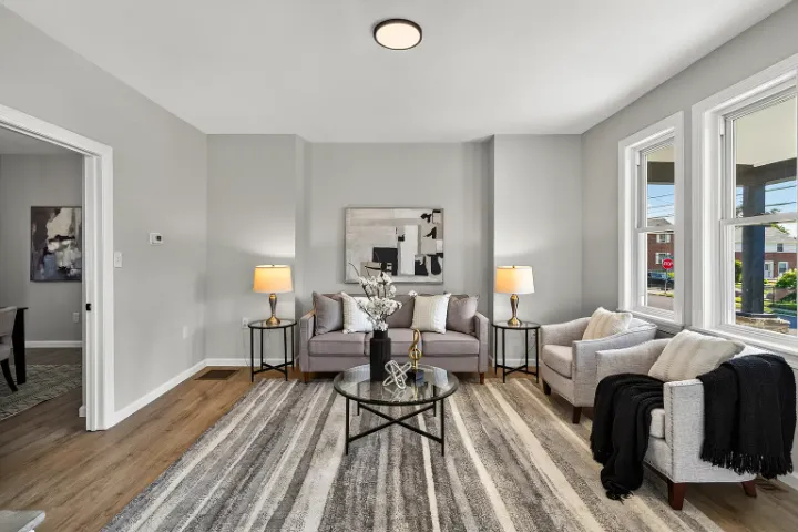 Staged living room with wood-look flooring